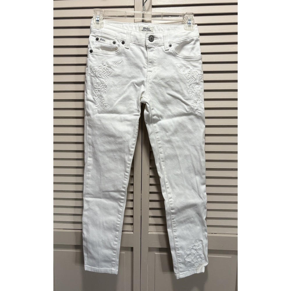 Polo Ralph Lauren Denim Jeans Girls 12 White‎ Skinny Embroidered Raw Hem Logo